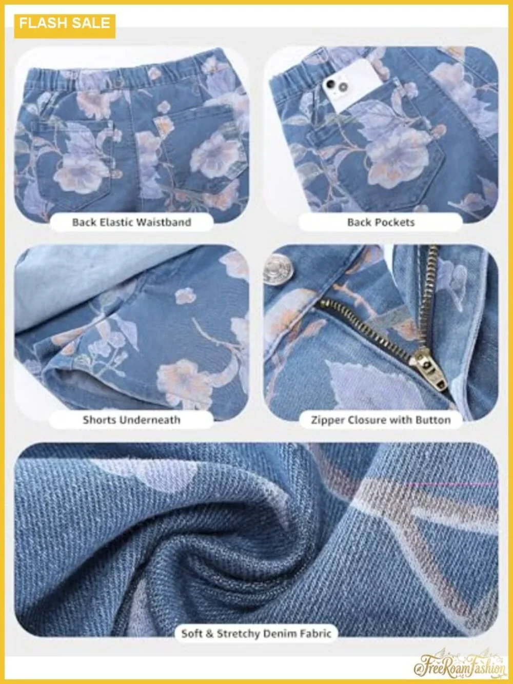 Women's Denim Skorts Faux Wrap Stretch High Waisted Floral Print Skort Shorts